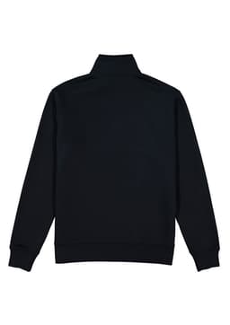 A black men's jumper with a 1/4 zip and a high collar, featuring a logo on the back.