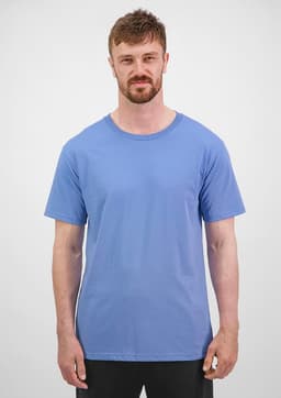 A short sleeve tee in a light blue colour, featuring a logo and worn by a male model.