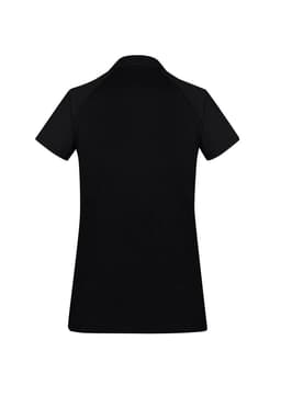A black women's short sleeve polo shirt with a simple design and a logo on the back.