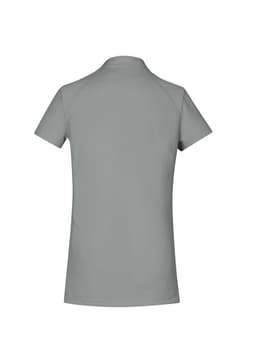 A women's short sleeve polo shirt in a light grey colour, featuring a collar and a logo on the back.
