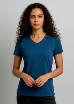 A women's short sleeve polo in deep blue, featuring a collar and a fitted silhouette, with branding.