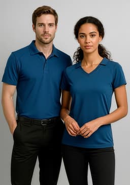 A blue women's short sleeve polo shirt with a v-neck design and a logo on the front.
