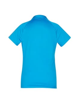 A short sleeve polo shirt in a bright blue colour, featuring a collar and a logo on the back.