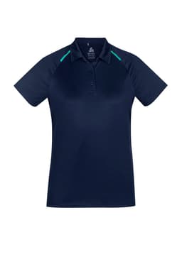 A navy short sleeve polo shirt with contrast green detailing and a logo on the chest.