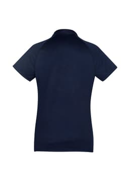 A navy women's short sleeve polo shirt with a classic collar and a logo on the front.