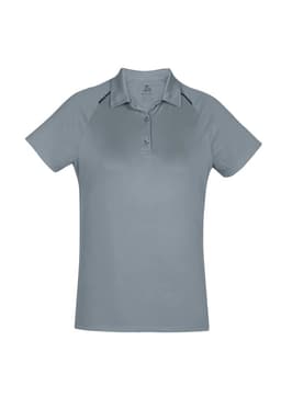 A women's short sleeve polo shirt in a soft grey colour, featuring a collar and a logo.