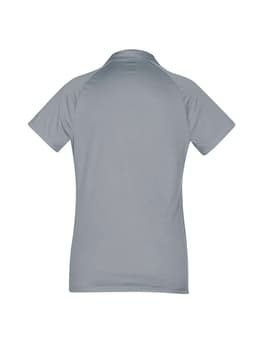 A women's short sleeve polo shirt in a soft grey colour with a collar and a logo.