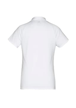 A white women's short sleeve polo shirt with a plain back and a logo on the neckline.