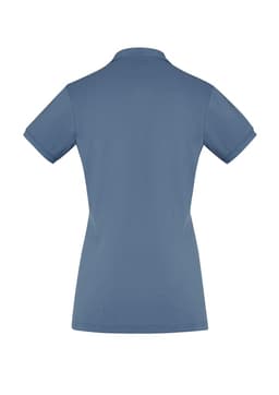 A women's short sleeve polo shirt in a soft blue colour with a simple design and a collar. It has a logo.