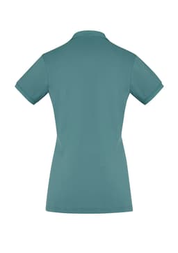 A back view of a women's short sleeve polo shirt in a teal colour, featuring a collar and fitted style.