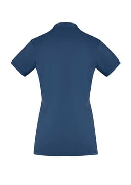 A women's city short sleeve polo shirt in navy blue, featuring a branded logo. Back view.