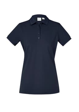 A women's short sleeve polo shirt in navy blue, featuring a collar and buttons, with a logo on the chest.
