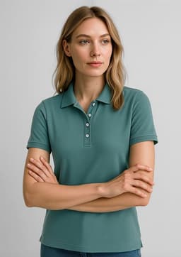 A women's short sleeve polo shirt in teal, featuring a collar and a logo on the chest.