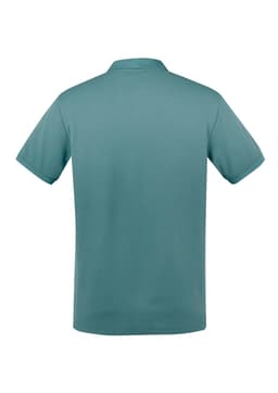A polo shirt in a soft green hue, featuring a classic collar and short sleeves, with a logo on the front.