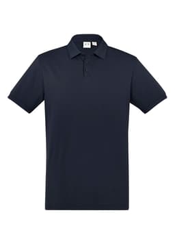 A navy short sleeve polo shirt with a collar, featuring three buttons and a logo on the chest.