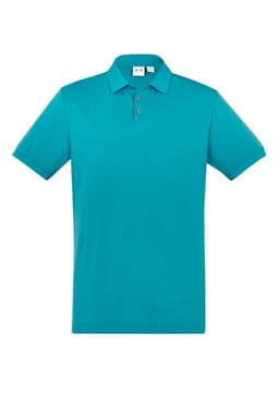 A teal short sleeve polo shirt featuring a classic collar and a button placket, with a logo on the chest.