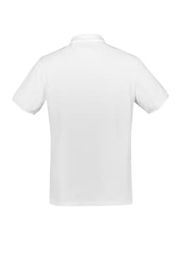 A white short sleeve polo shirt featuring a collar and a small logo on the back.