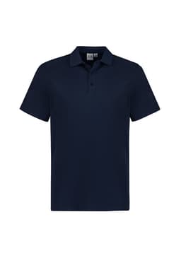 A navy short sleeve polo shirt featuring a collar and a logo on the chest. Suitable for kids.