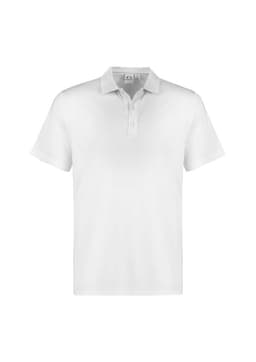 A white short sleeve polo shirt featuring a collar and a logo on the chest.