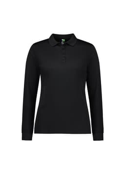 A women's long sleeve polo shirt in black, featuring a collar and buttoned placket, with a logo.