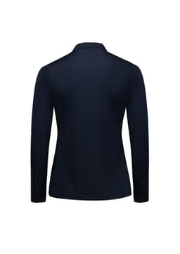 A long sleeve polo shirt in navy blue with a collar and a logo on the back.