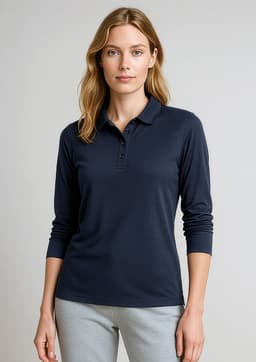 A women's long sleeve polo shirt in navy blue with a collar and button detailing, featuring a logo on the chest.