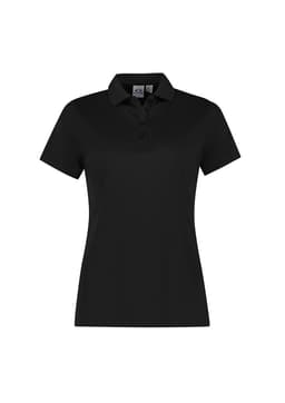 A short sleeve women's polo shirt in black, featuring a classic collar and a button placket. It has a logo on it.