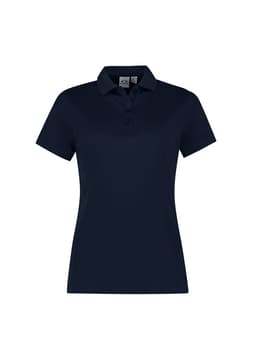A navy short sleeve polo shirt for women with a collared neckline and three buttons. Features a logo.