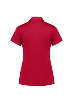 A red women's short sleeve polo shirt featuring a collar and a back view. The shirt includes a logo.