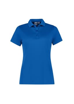 A women's short sleeve polo shirt in vibrant blue, featuring a collar and a logo on the chest.