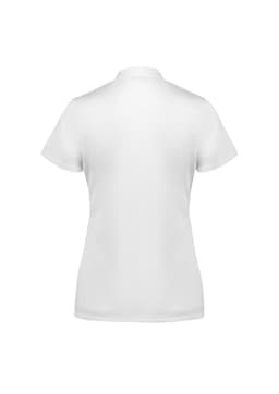 A white short sleeve polo shirt with a collar, featuring a logo on the back.