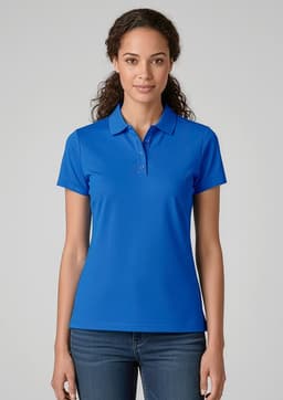 A women's short sleeve polo shirt in vibrant blue, featuring a collar and a logo.
