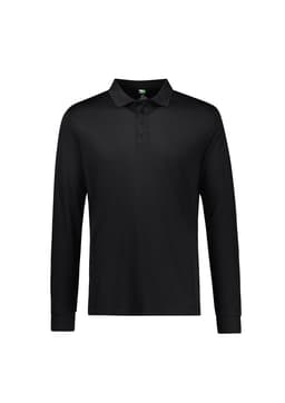 A black long sleeve polo shirt featuring a collar, buttons, and a logo on the chest area.