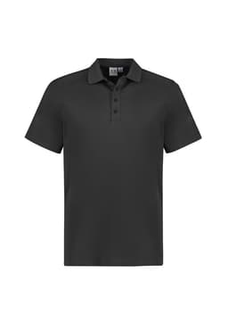 A black short sleeve polo shirt featuring a collar and a logo. Ideal for casual or sporty wear.