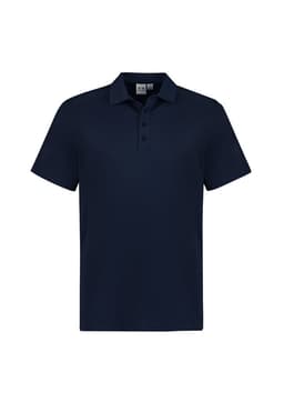 A navy blue men's short sleeve polo shirt with a three-button placket and a logo on the chest.