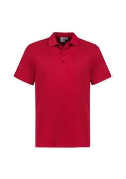 A red short sleeve polo shirt featuring a collar and three buttons, with a logo on the chest.