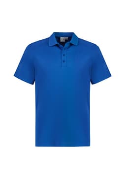 A short sleeve polo shirt in vibrant blue, featuring a collar and three buttons, with a logo on the chest.