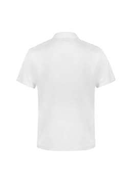 A white men's short sleeve polo shirt with a smooth fabric and a subtle brand logo.