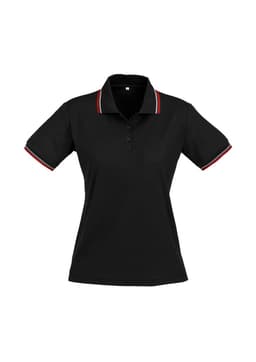 A black women's polo shirt with short sleeves and contrasting trim, featuring a collar and a logo.