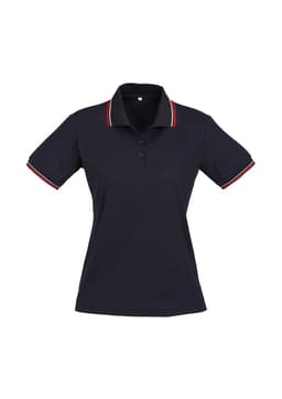 A navy short sleeve polo shirt with a contrasting red and white trim, featuring a branded logo.