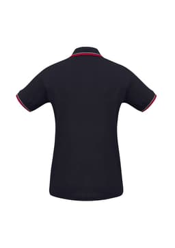A black women's short sleeve polo shirt with contrasting red trim and a logo on the front.