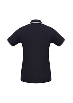 A black women's polo shirt featuring short sleeves and a contrasting collar. The back view includes a logo.