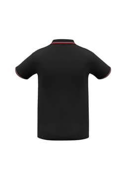 A black short sleeve polo shirt featuring contrasting trim and a logo on the collar.