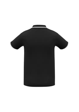 A black short sleeve polo shirt featuring a contrasting collar and sleeve trim, with a logo present.
