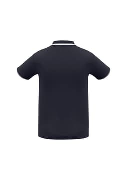 A navy blue men's short sleeve polo shirt featuring a contrasting collar and sleeve trim, with a logo displayed.