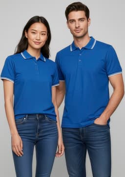 A blue short sleeve polo shirt with a contrasting collar, displayed on a male and female model, featuring a logo.