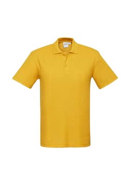 A yellow short sleeve polo shirt featuring a collar and three-button placket, with a logo on the chest.