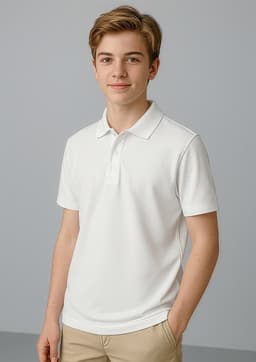 A short sleeve polo shirt in white, featuring a polo collar and a logo on the chest.