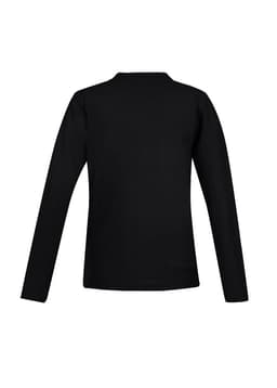 A black long sleeve polo shirt featuring a back view and a logo.