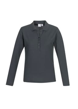 A long sleeve polo shirt in dark grey with a buttoned placket and a logo on the chest.